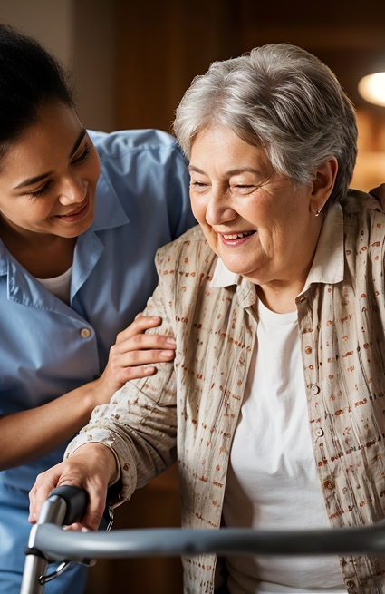 A senior and her 24 hour care certified nurses assistant